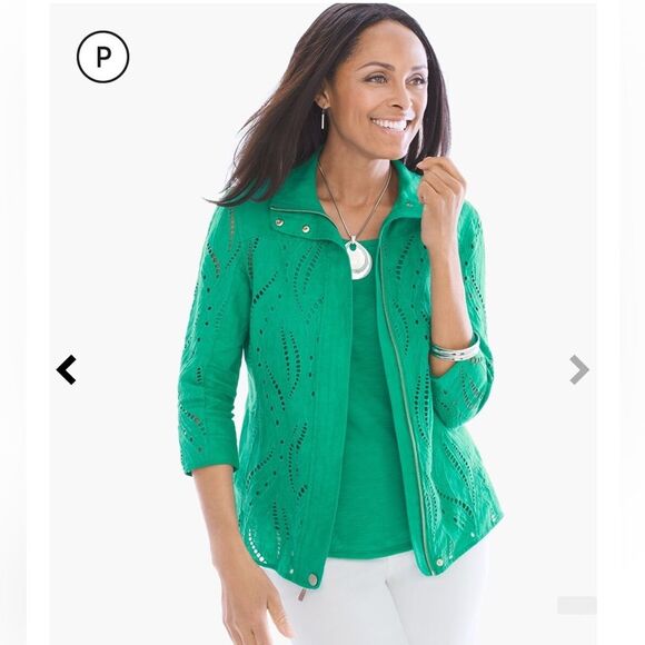 Chico’s green eyelet linen lightweight 3/4 sleeve zip up jacket - Picture 2 of 14